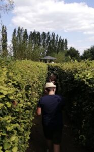 Jeune homme qui marche dans une allée du labyrinthe